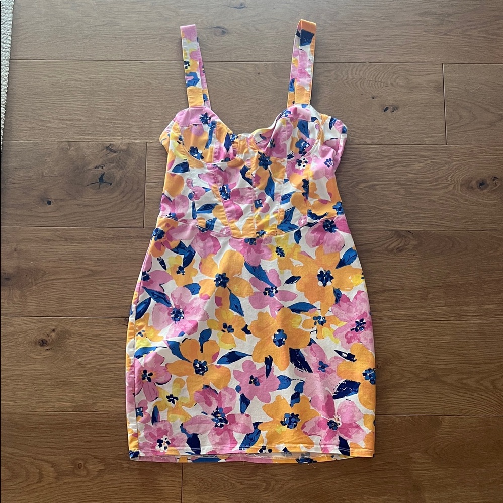 Floral Sweetheart Mini Dress in Yellow & Pink